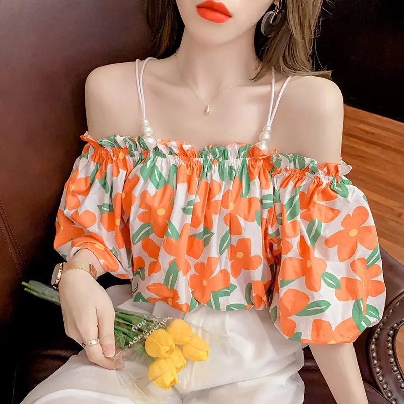 

2021 New Summer Fashion Blouse Short Sleeve Floral Strap Sweet Slash Neck Sexy Slim Elegant Women Shirt Ladies Tops Blouses
