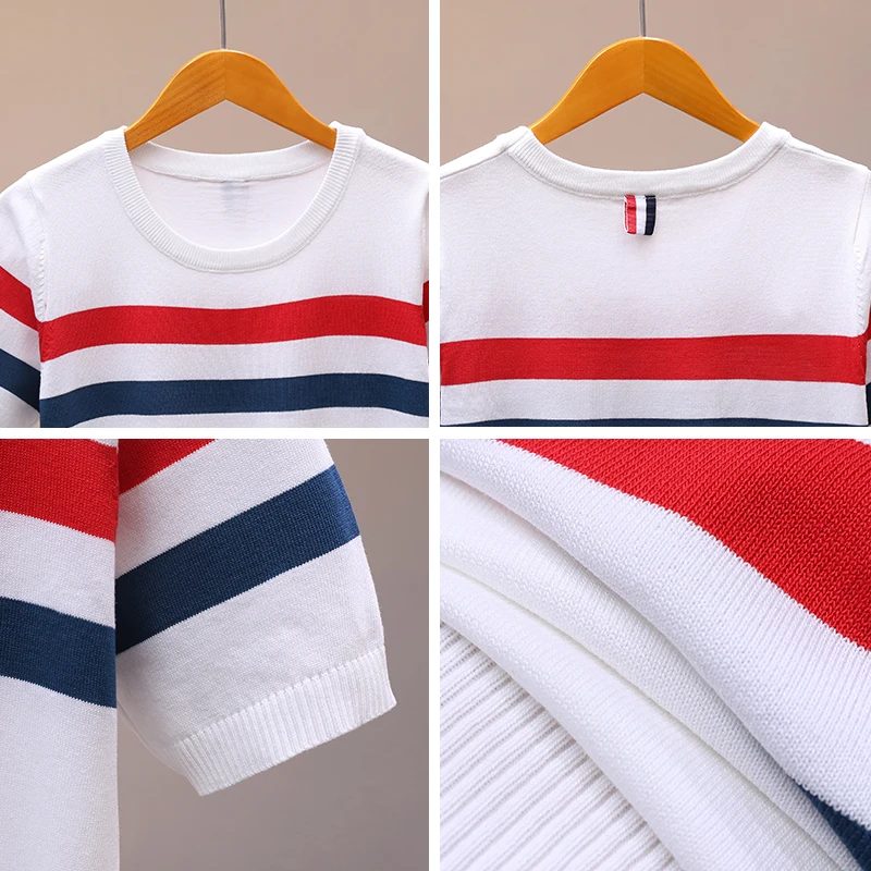 

Luxury Brand Designer Knitted Pullovers for Women O Neck Ice Silk Striped Knitted Sweater