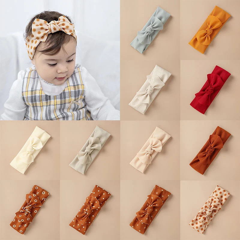 

Girls Cotton Dot Floral Print Bows Headband Elastic Hair Band Vintage Baby Soft Kids Solid Color Head Wrap Accessories