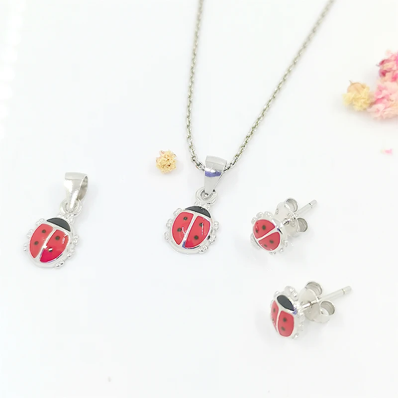 

Jewelry Sets Necklace Pendant Stud Earrings 925 Sterling Silver Enamel LadyBug Jewel for Kids Girls Children Cute Jewellery Make