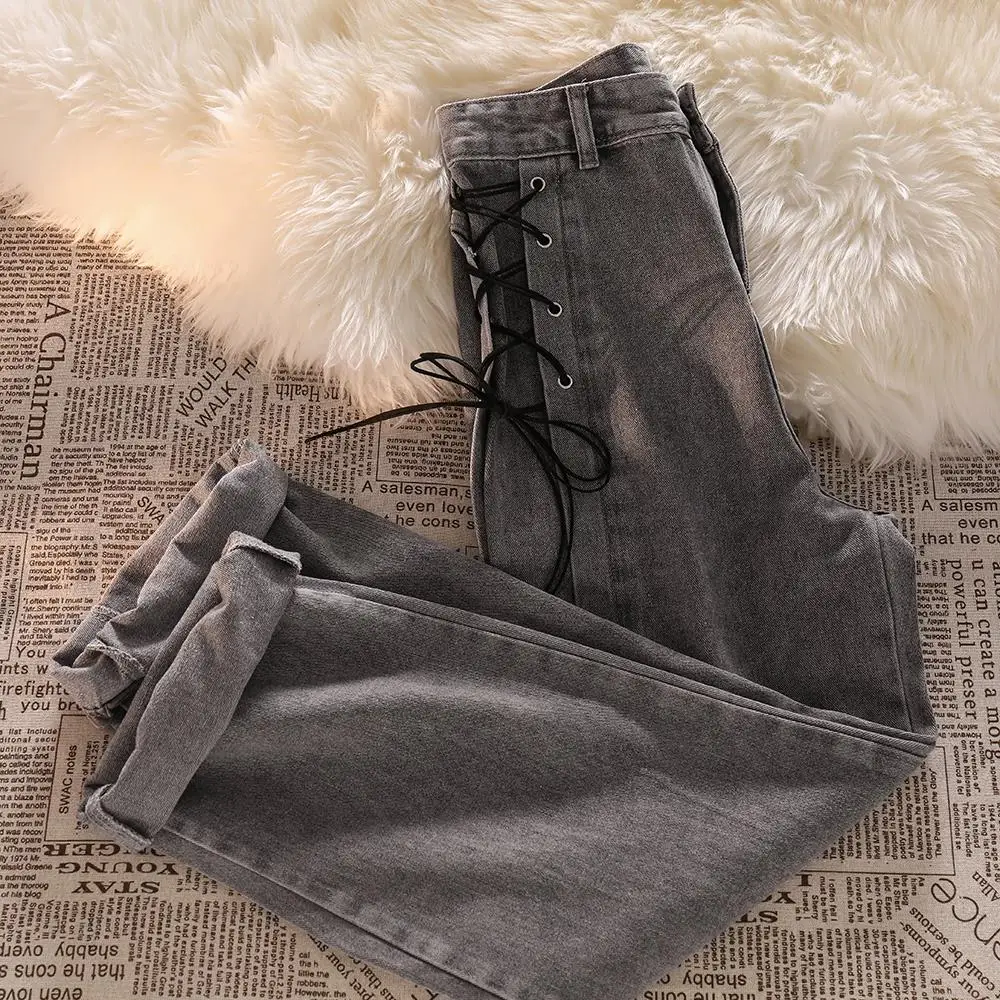 

Bandage Design Loose Vintage Long Denim Pant Women High Waist Casual Plus Size Streetwear Pockets Harajuku Female Jeans