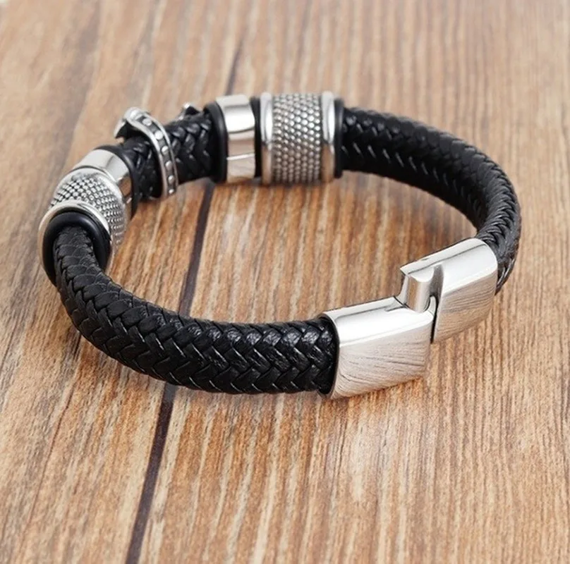 Vintage Handmade Leather Woven Cross Bracelet for Men, Adjustable Stainless Steel Leather Cord Bracelet image 5