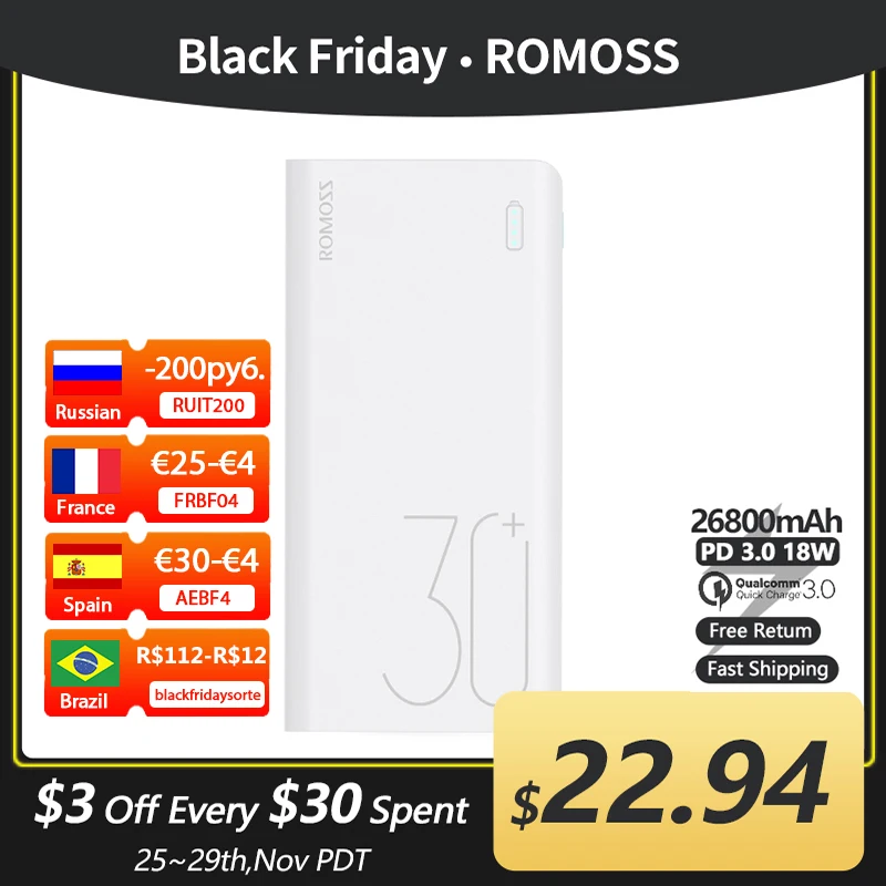 

ROMOSS 26800mAh Power Bank Quick Charge 3.0 PD USB C 26800 mah Powerbank Portable External Battery Charger For Xiaomi mi iPhone