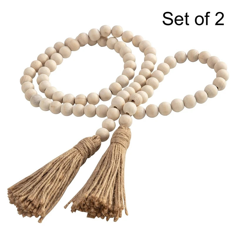 

2 Sets Big Wood Bead Garland,54 Inch Farmhouse Rustic Country Beads with Tassels Prayer Beads Wall Hanging Dcor