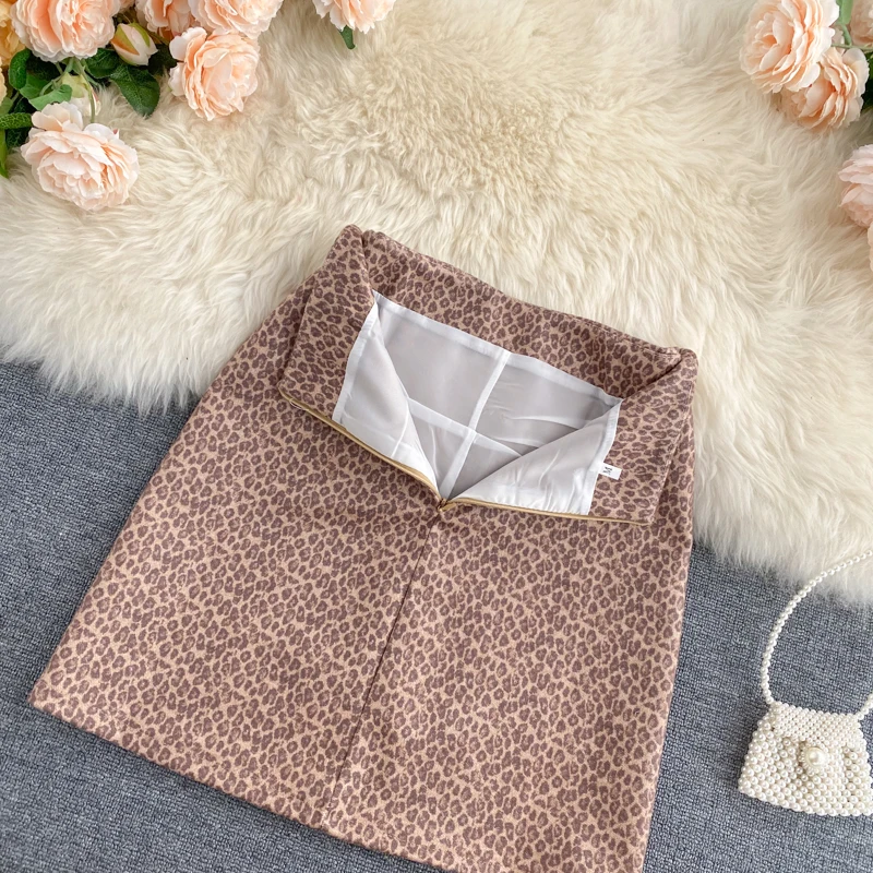 

Elegant Women Autumn Back Zipper Chic High Waist Leopard A Line Mini Skirt Casual Streetwear Skirts Korean Fashion Lady Skirt