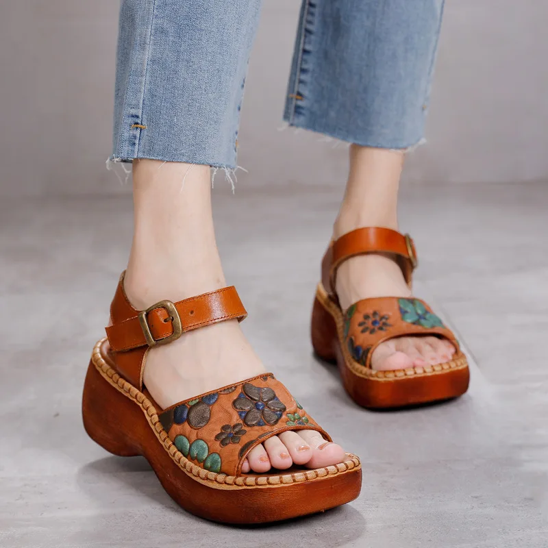 

YourSeason Ladies Platform Sandals Genuine Leather 2021 Print Wedges Handmade Concise Women Buckle Strap Vintage Shoes