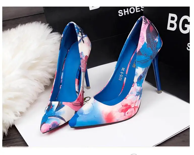 

Women Pumps High Heels 10CM Colorful Ladies Floral Printing Shallow Slip On Pointed Toe Office Shoes Female Wedding Shoe Footwer