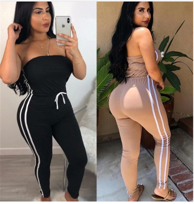 

Women Jumpsuit Romper Bodycon Playsuit Clubwear Long Trousers Party Pants Women Off Shoulder Lace Up Side Stripe Elastic Romper