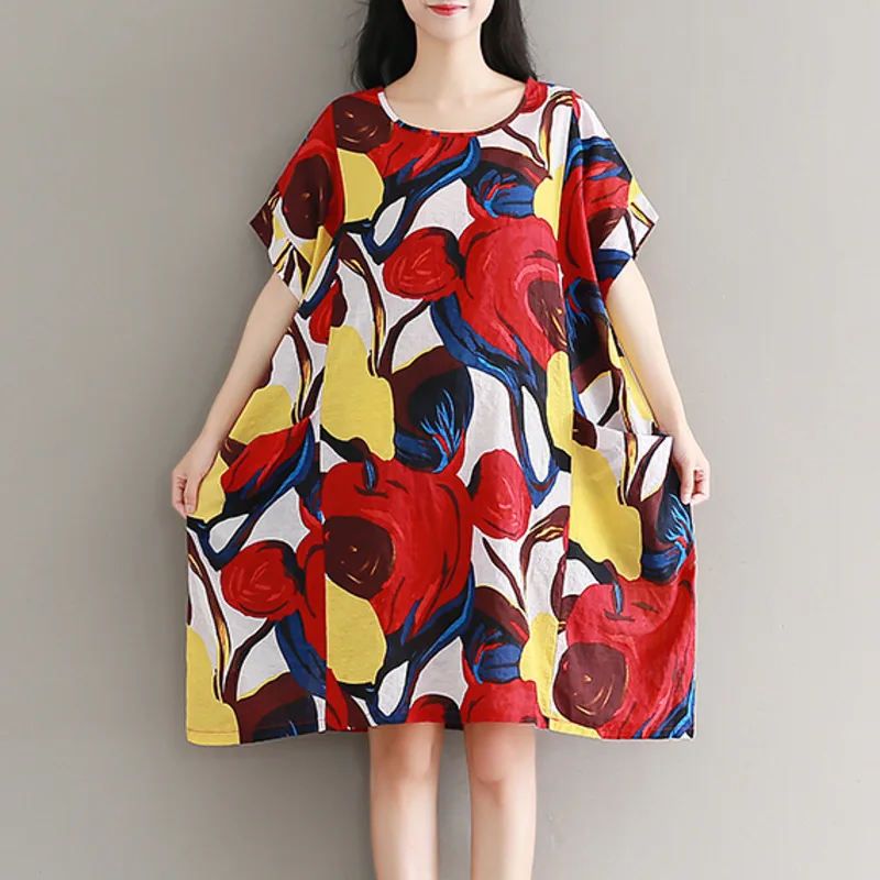 

#0149 Summer 2021 Retro Dress Women Short Sleeve Big Pocket Vintage Dresses Ladies Loose Cotton Linen Mini Dress Female