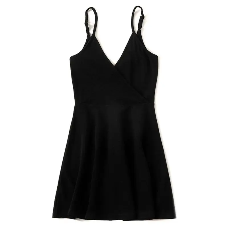 

Womens Sexy V Neck Sleeveless Wrap Front Black Cami Mini Flare Dress Spaghetti Straps Empire Waist Pleated Cocktail Party BX0A