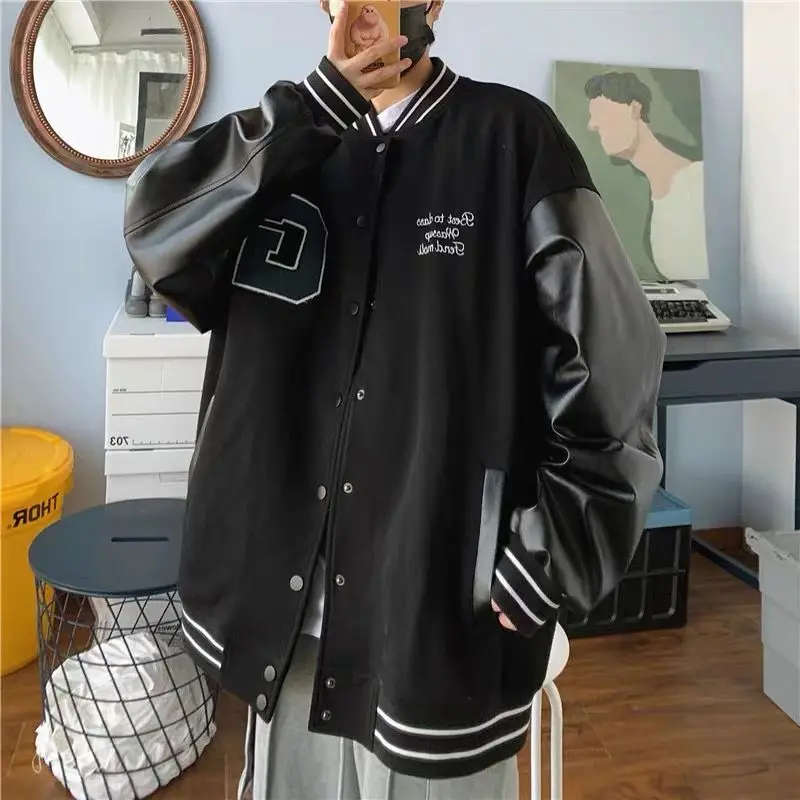 

Baseball uniform jacket men and women Hong Kong style retro fried street stitching jacket loose Korean motorcycle uniform bf