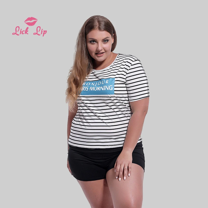 

Пижама женская трикотажная в полоску, с круглым вырезом и надписью, большого размера, SWD15320-30