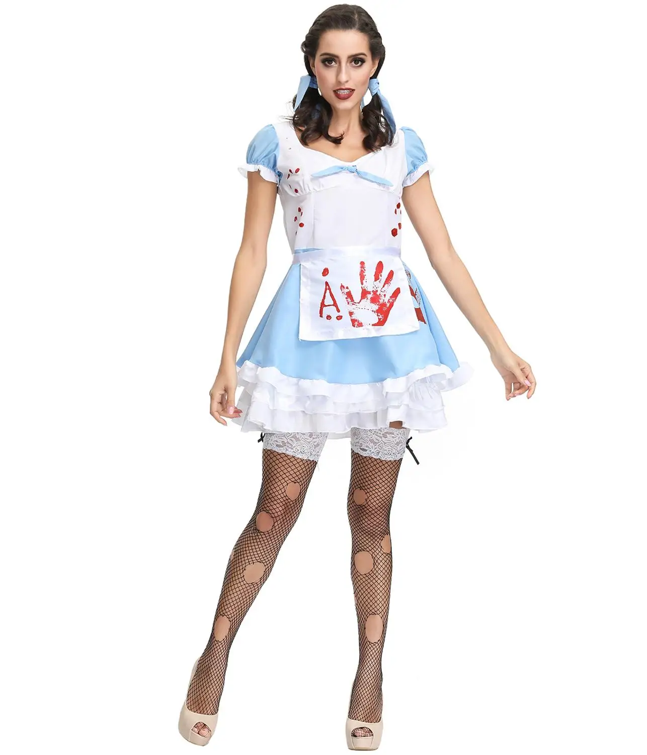 

Horrible Bloody French Maid Mini Dress Blood Print Adult Zombie Halloween Cosplay Costume