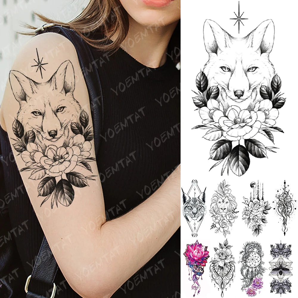 

Waterproof Temporary Tattoo Sticker Fox Flowers Stars Flash Tattoos Moon Lion Rose Body Art Arm Fake Sleeve Tatoo Women Men