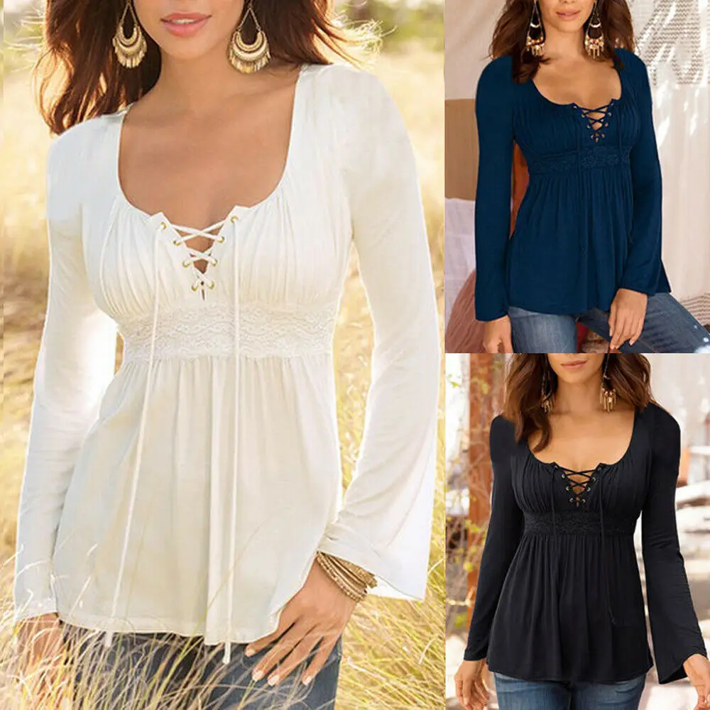 Женская шифоновая блузка однотонная с глубоким вырезом на шнуровке длинным