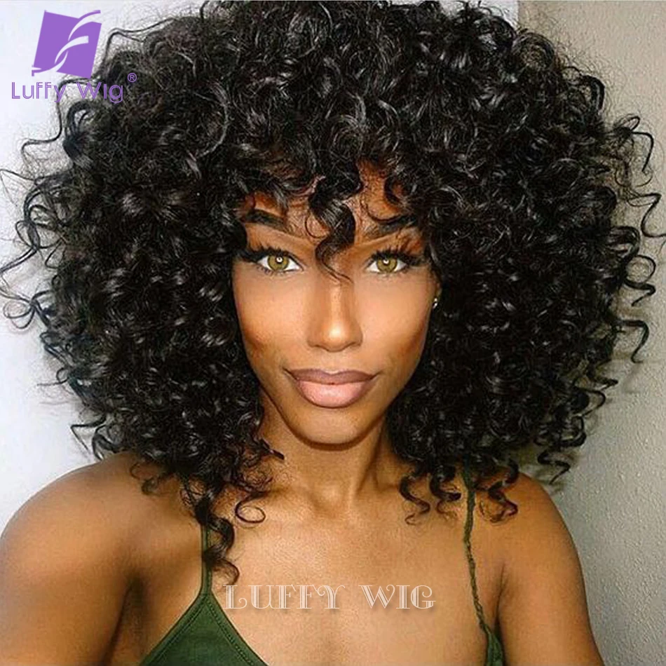 Short Bob Curly Wig With Bangs Scalp Base Top Full Machine Made Wig For Black Women Remy Brazilian Human Hair Wigs Luffywig