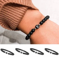 fashion bracelet 6 mm initial letter lava stone for men women girl smooth black bead