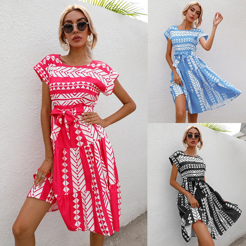 

Женское пляжное платье с принтом, Повседневное платье с бантом на талии, круглым вырезом и коротким рукавом, лето 2021