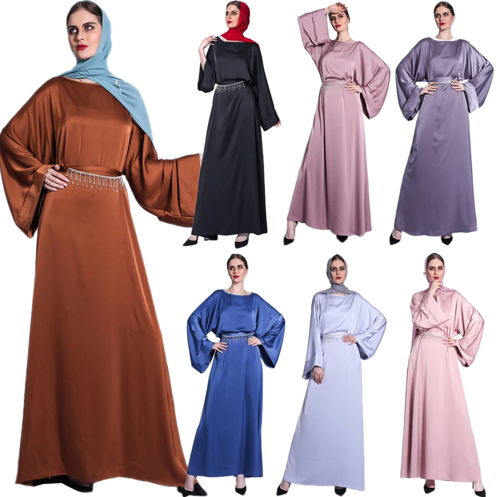 Женское атласное длинное платье, свободное однотонное платье в мусульманском стиле с поясом и кисточками, длинное платье для вечерние, Турц...