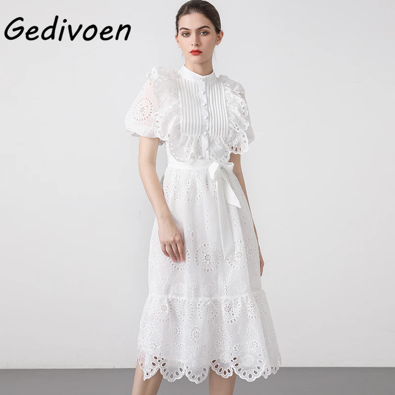 

Gedivoen Fashion Woman Spring Summer Dress Stand Collar Spliced Ruffles Hollow Out Lace Up High Waist White Mid-Calf Dresses