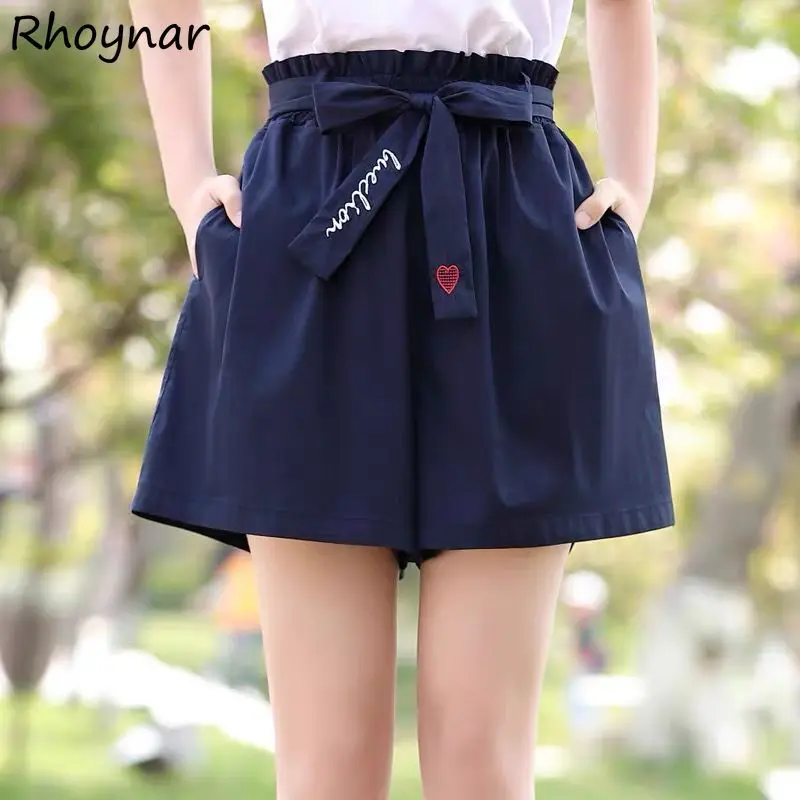 

Shorts Women Casual Embroidery Elastic Waist Japanese Style Vintage Retro Girls Student Young Leisure Daily Femme College Loose