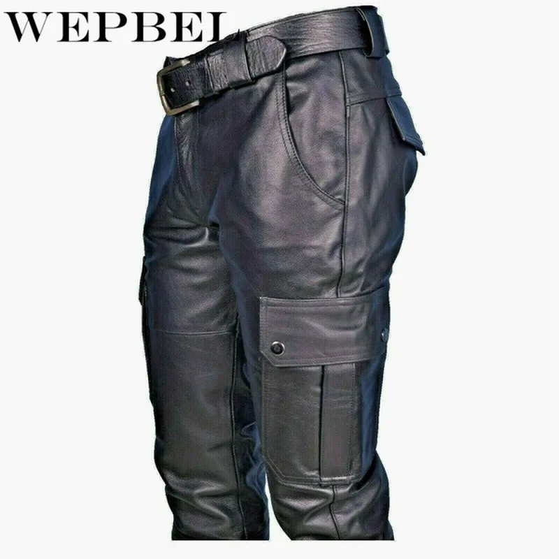 

WEPBEL Biker Motocycle Long Leather Loose Street Style Steampunk Trousers Rock Roll Long Pants Men Straight PU Leather Pants