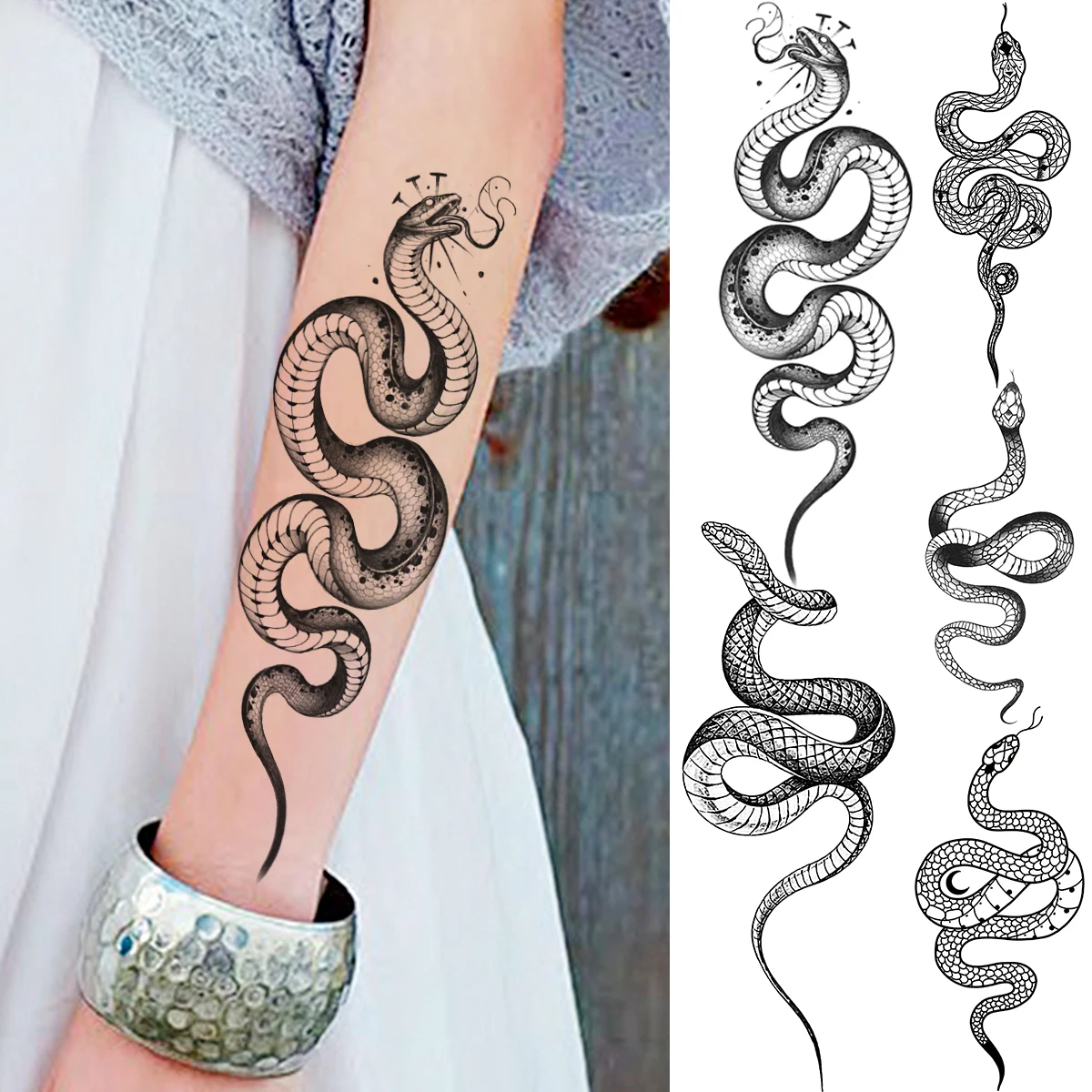 Черная змея предплечье временные татуировки для женщин взрослых мужчин Луна