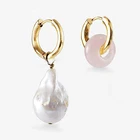 Женские серьги-подвески в Корейском стиле с жемчугом в стиле барокко, висячие серьги из смешанной нержавеющей стали с натуральными розовыми камнями