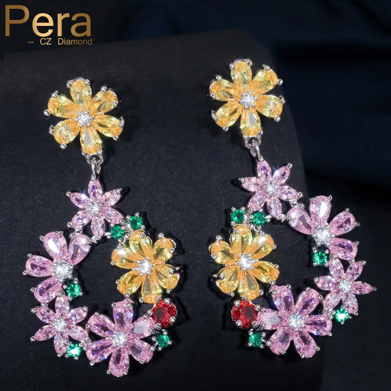 

Pera Trendy Silver Color Ear Jewelry AAA+ Yellow Pink Green Red Crystal Stone Big Dangle Long Flower Drop Earring For Women E170