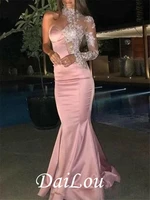 mermaid trumpet cut out sexy engagement formal evening dress high neck long sleeve floor length lace with appliques 2022