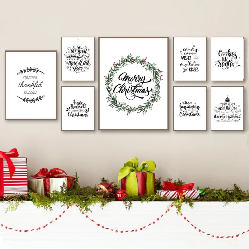 

Christmas Celebration Theme Minimalist Black White Celebration Words Garland Nordic Home Painting Holiday Canvas Print Poster