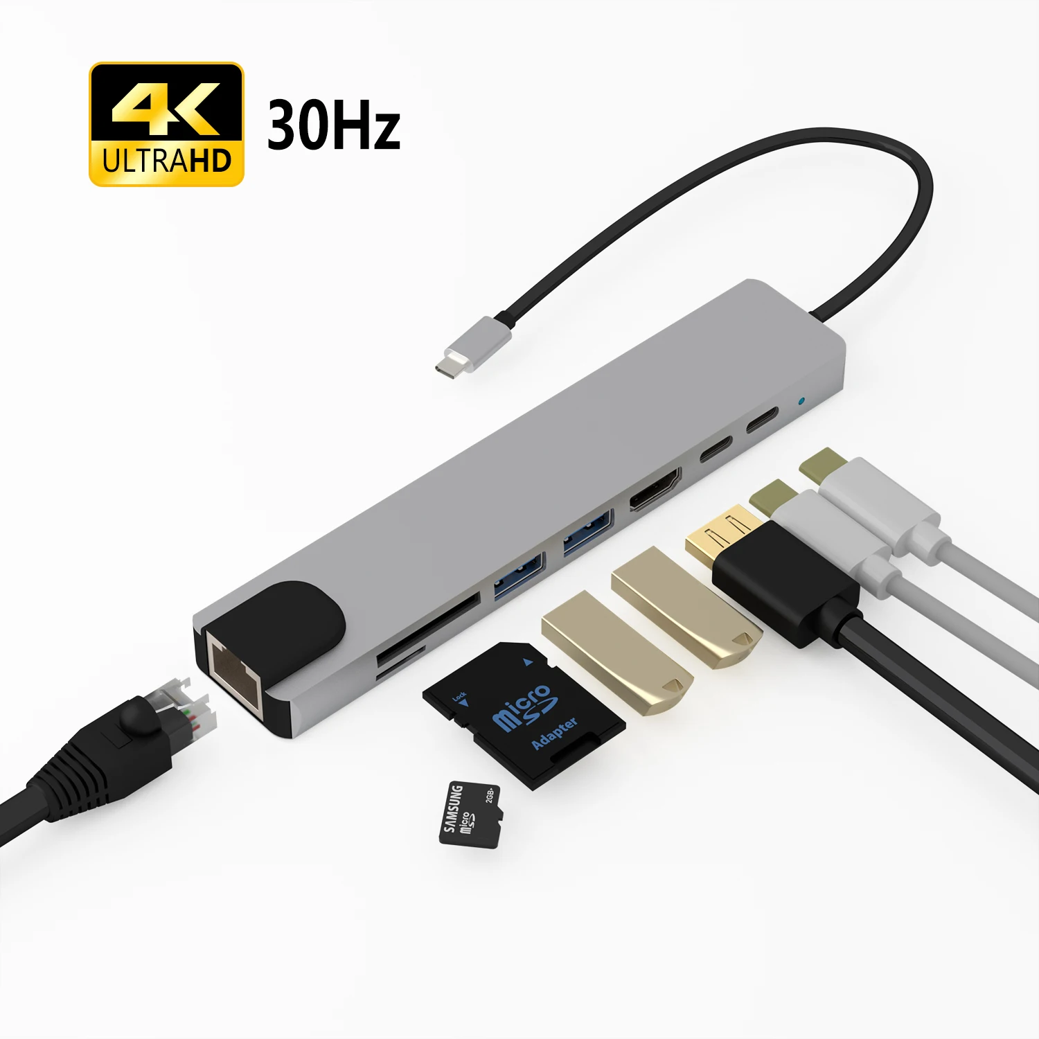 

Хаб 8-в-1 с портом Ethernet, 4K USB C-HDMI, 2 USB 3.0 портов s, кардридер SD/TF, блок питания USB-C, для ноутбуков
