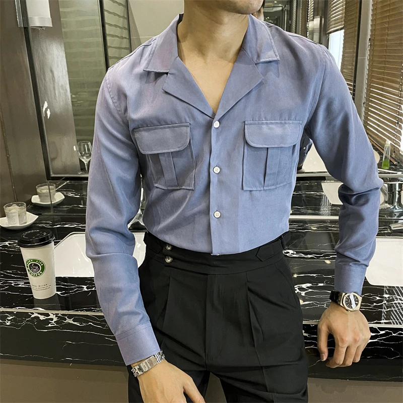 

Safari Shirt Men Solid White blue Men's Cuba Collar Double Pocket Shirt Casual Slim Fit Shirt Italian Business Prom Shirts Men