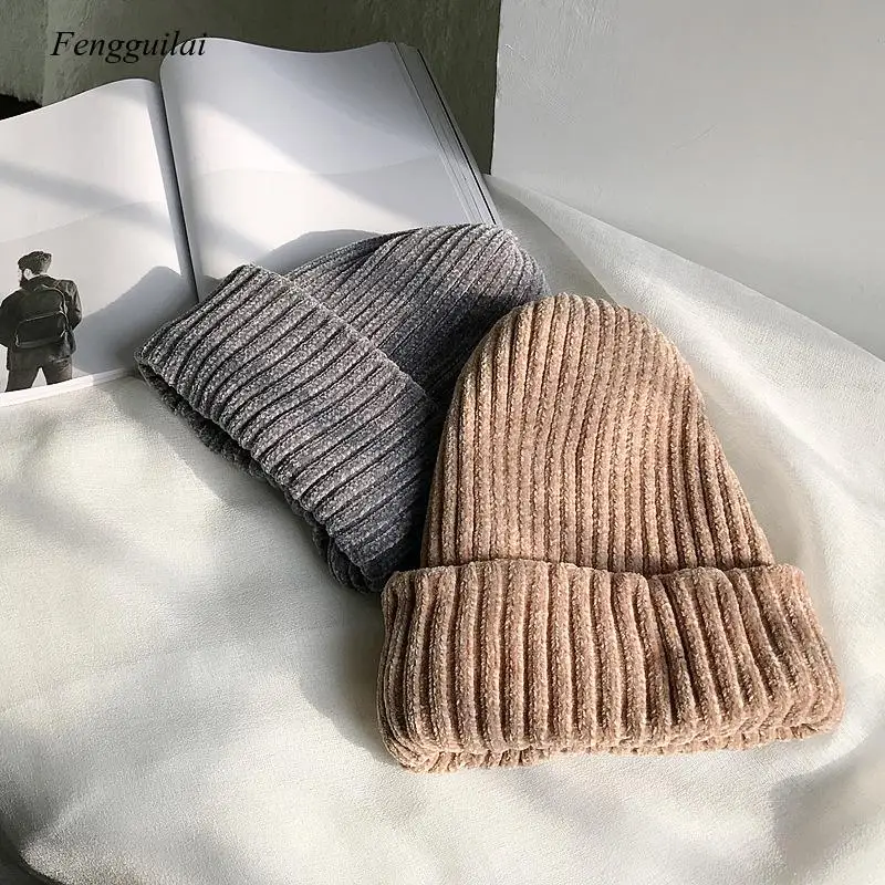 Solid Color Chenille Knitted Beanies Winter Warm Snow Soft Comfortable Skullies Beanies Cap Men Women Outdoor Leisure Hat