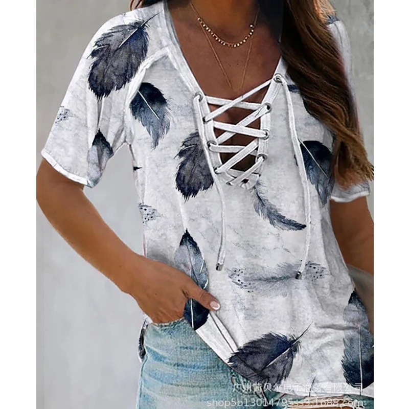 

WEPBEL Fashion Short Sleeve T-shirt Women's Casual Feather Printed Loose T-shirt Summer Bandage V-Neck Pullover T-shirt Tops