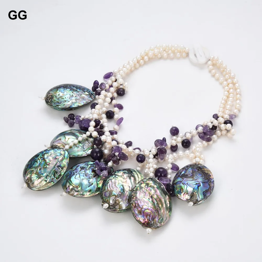 Ювелирные изделия GuaiGuai 3 нити белый жемчуг Фиолетовый аметист пава Абалон