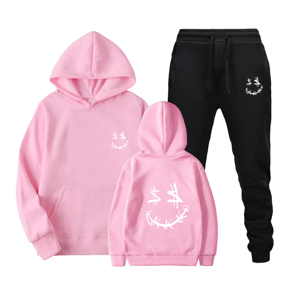 

Men Clothing Hoodies Mens Jogger Money Smiling Face Printing Gothic Harajuku Tops Fashion Trend White Suit Sets Sports Style