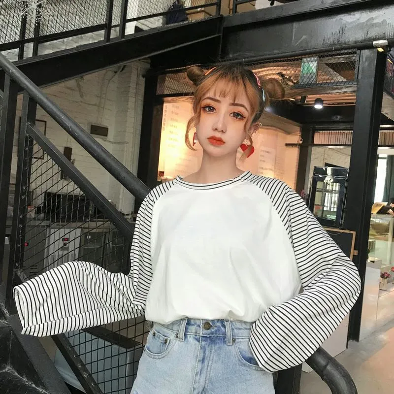 Harajuku Женская Футболка полосатая Повседневная футболка с длинным рукавом Свободная Женская весенне-осенняя джемпер