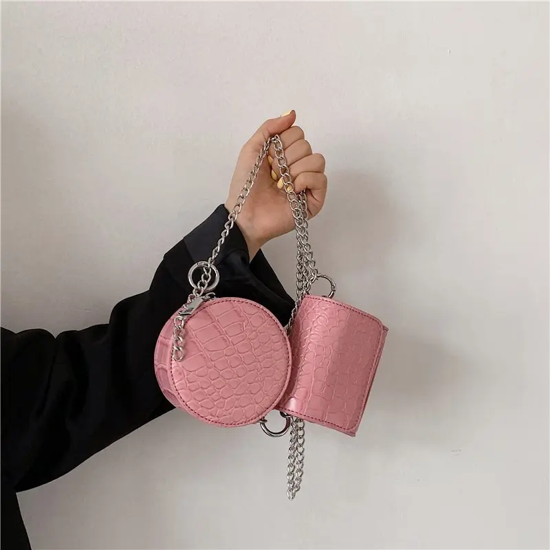 

S.IKRR Fashion Crocodile Pattern Round+Flap Crossbody Bags Women 2021 Mini Chain Bag Luxury Brand Shoulder Bag Handbags Purses