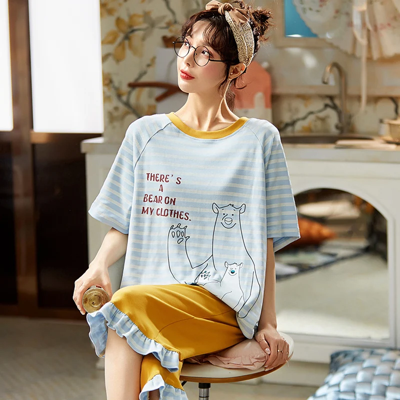 

Летняя модная пижама в синюю полоску, новинка, хлопковая одежда для сна с коротким рукавом, Мультяшные милые кружевные брюки до щиколотки, н...