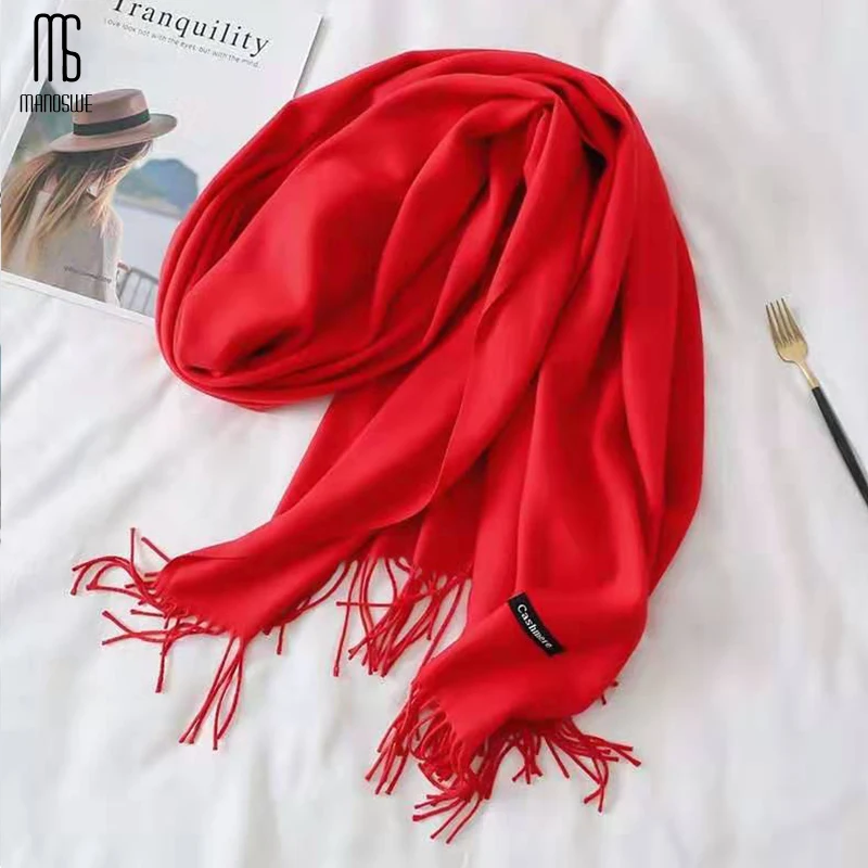 Manoswe женские тонкие мягкие кашемировые длинные шарфы с кисточками осенне-зимняя