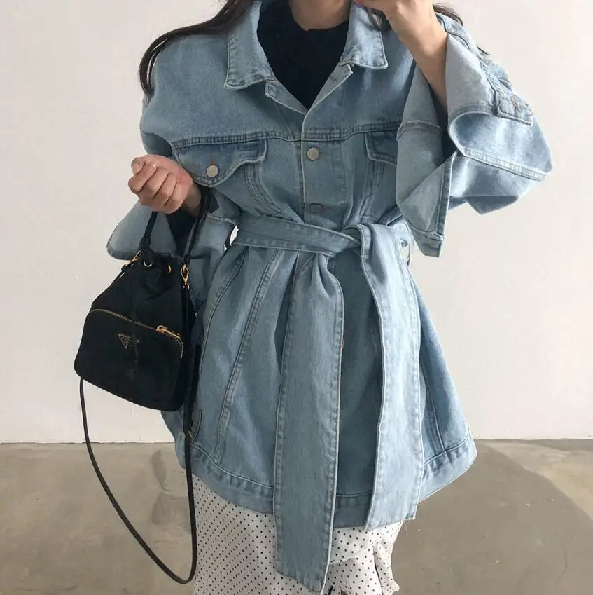 Navy Blue LANMREM/Осенняя новая куртка с отворотом средней длины из кожи, с карманами, в ковбойском стиле, длинное однотонное пальто, Свободное пальто для женщин, TC002 - Цвет: Navy Blue