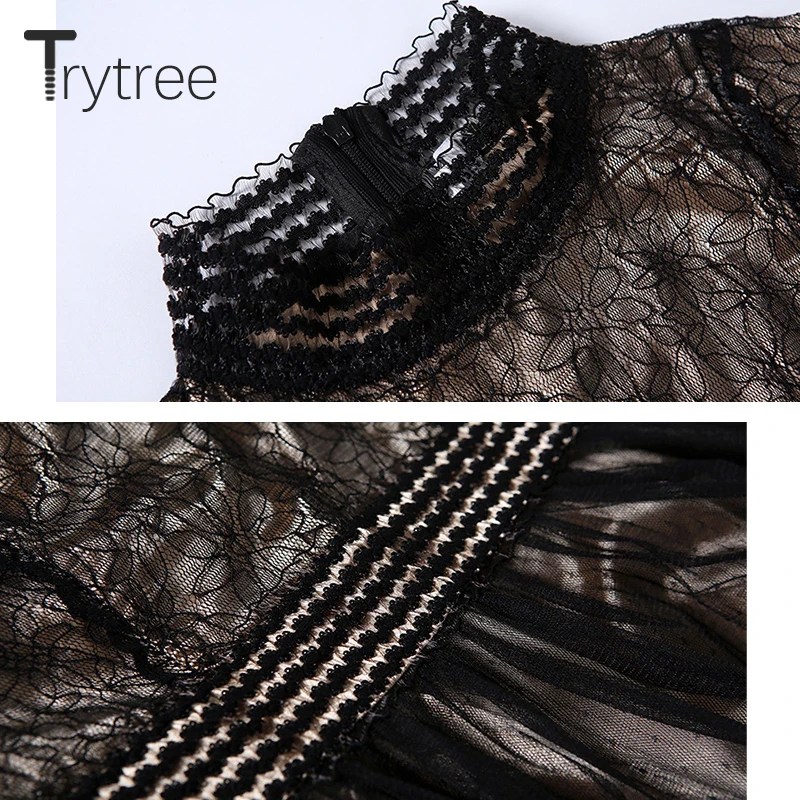 Trytree/осеннее платье, повседневное кружевное женское модное платье в стиле пэчворк, воротник-стойка, платья до середины икры, Сетчатое платье трапециевидной формы для офиса