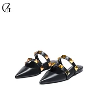 goxeou womens slippers black pu pointed toe rivet decoration comfortable sexy party fashion office lady sandals size 32 46