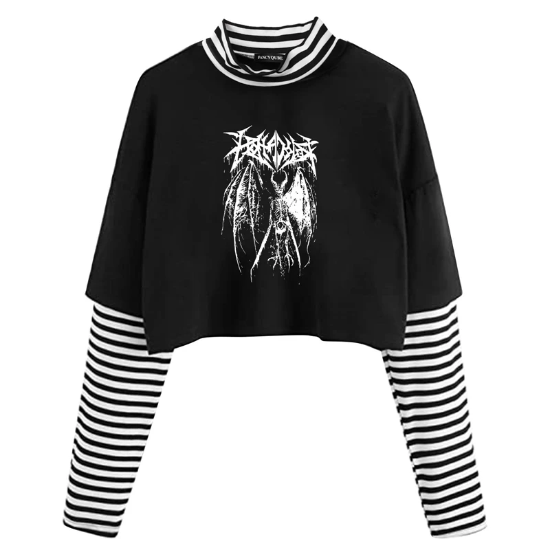 

Autumn Korean Punk Vintage Stripe Fake Two-Piece Loose Long Sleeve Bottoming T-shirt Harajuku Style Clothes Women Youth Tees Top