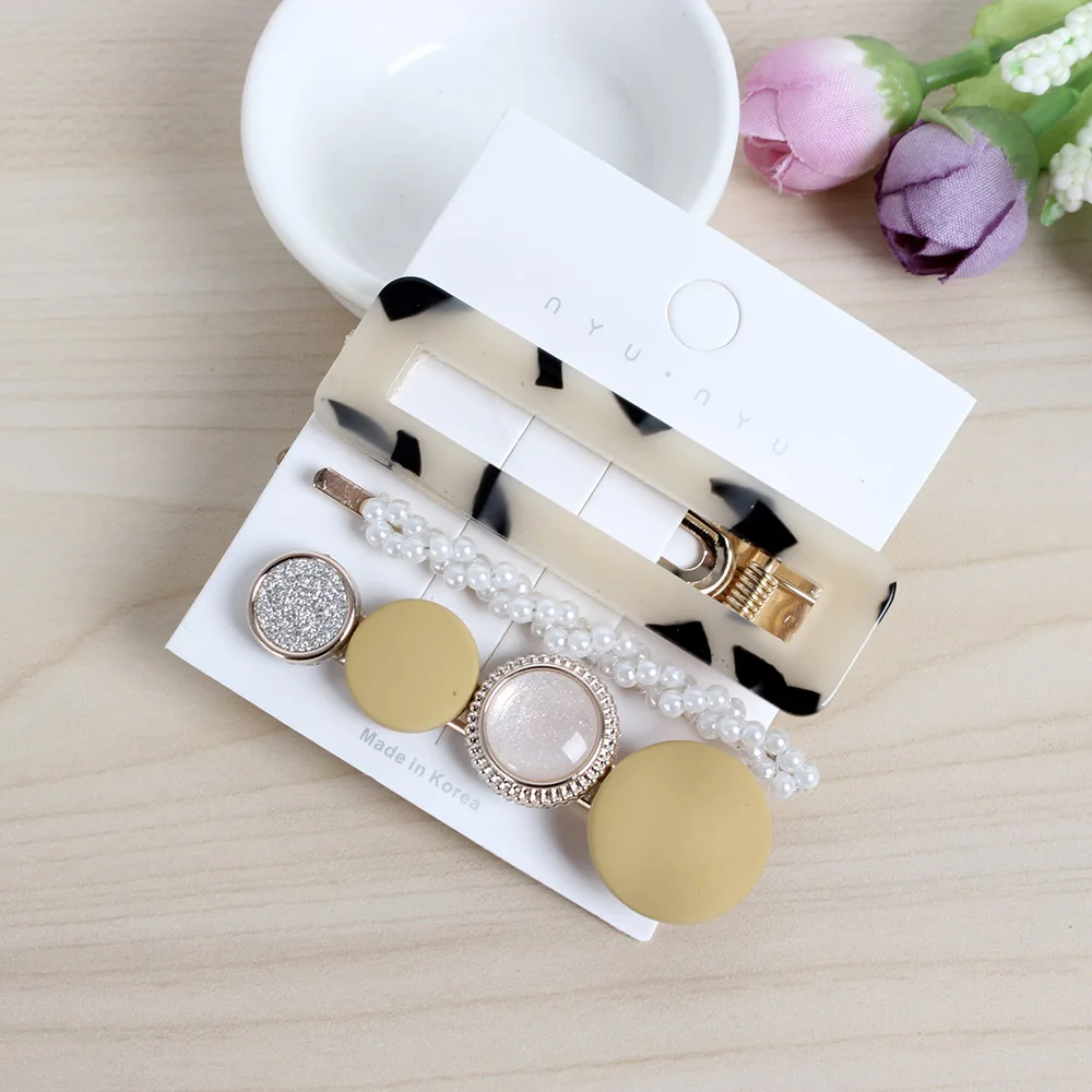 

3pcs/set Fashion Pearls Acetate Geometric Hair Clips For Women Girls Headband Sweet Hairpins Barrettes Hair Accessories Set