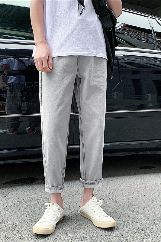 

Jeans men's fashion brand loose straight youth cropped pants ins trend