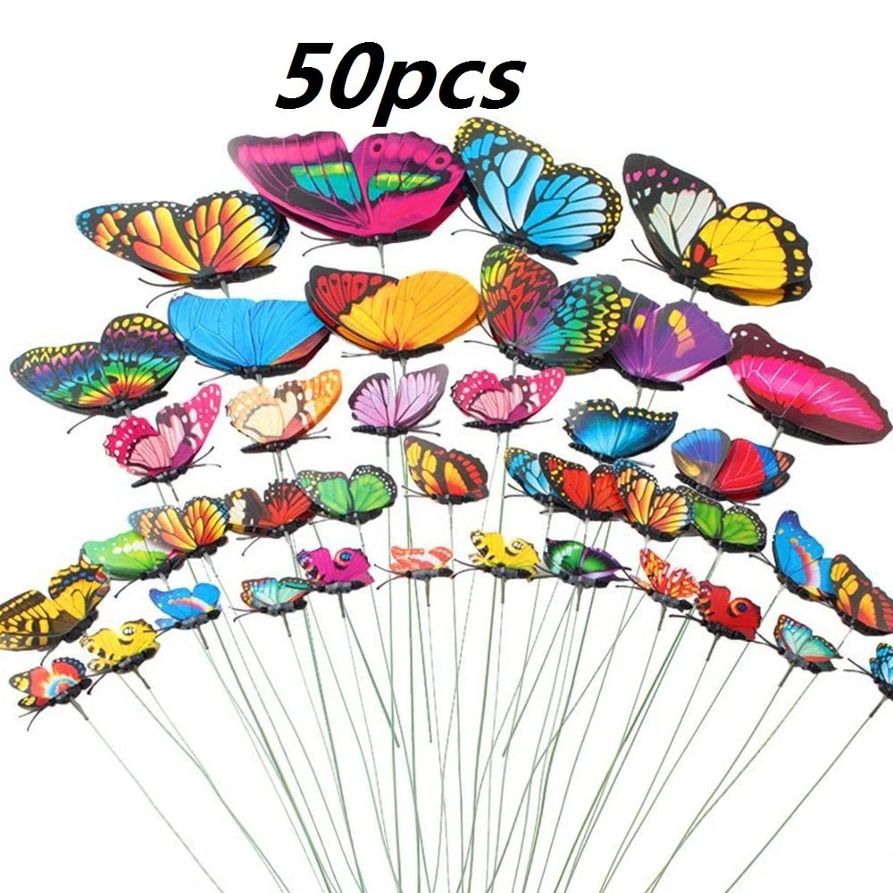 

50PCS Colorful Artificial Butterfly With Rods Simulation Color Fake Butterflies Yard Bonsai Ornaments Flowerpot Garden Decor
