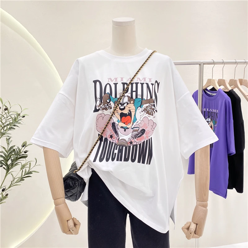 

2021 Summer Student Short-Sleeved T-shirt New Loose Large Version Cyclone Dog Cartoon Printed Lady Top Half-Sleeved Fashion Tee