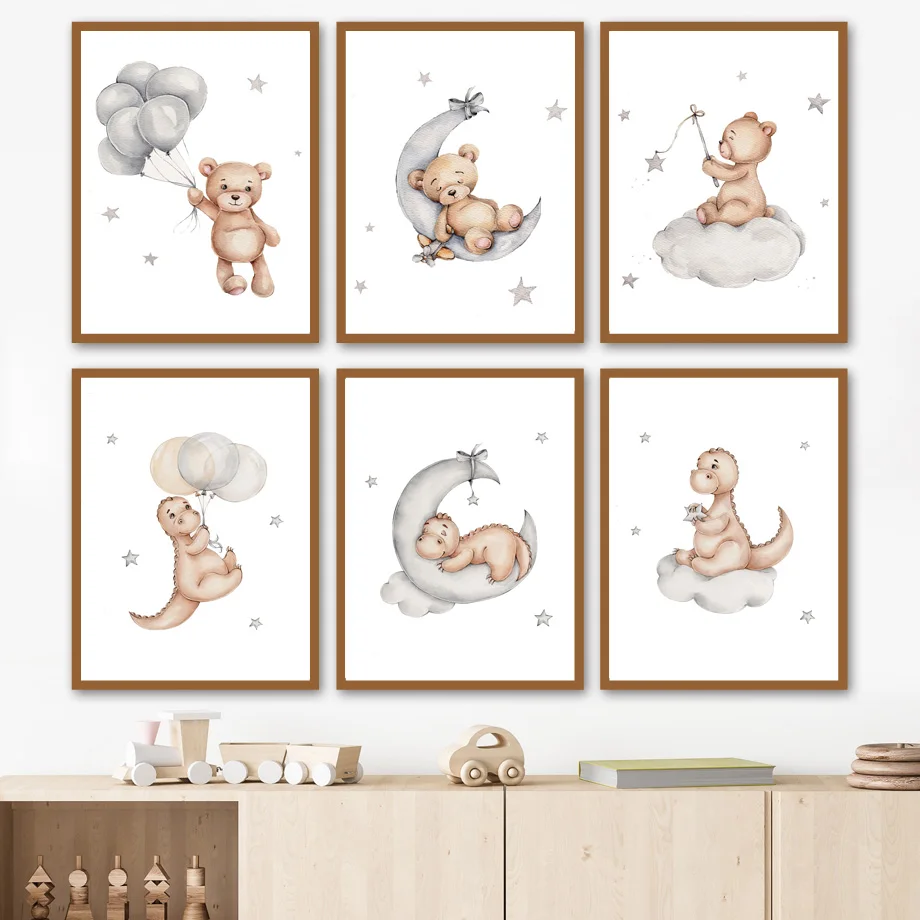 Медведь луна спальный воздушный шар с динозавром звезда Детская стена искусство